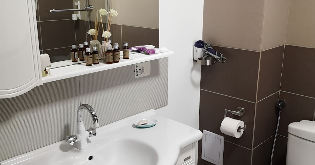 Baie modernă cu lavoar dublu și produse de îngrijire, Boutique Romantic Focșani